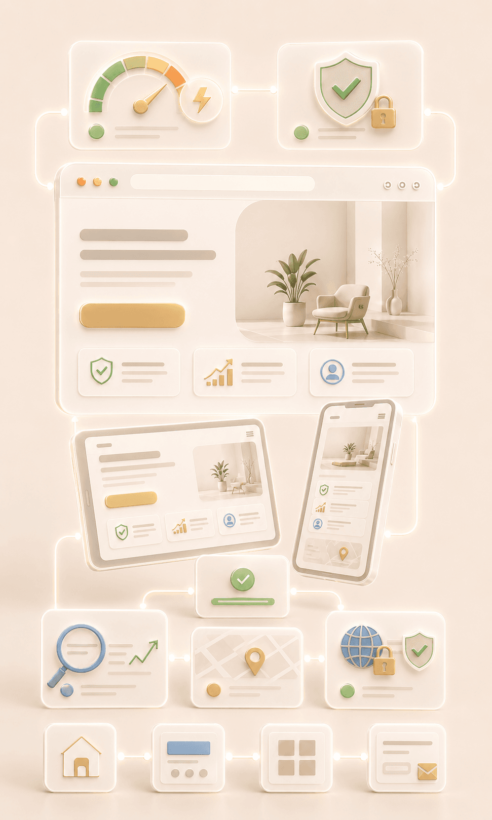 Estrutura visual de sites profissionais para desktop, tablet e celular